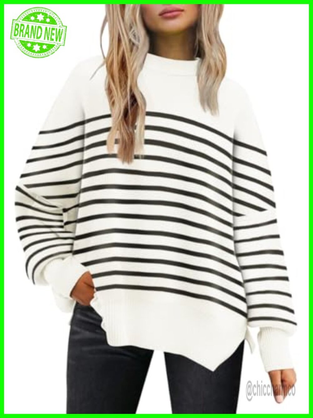 Oversized Crewneck Long Sleeve Knit Pullover Sweater Tunic Side Split, 50%
